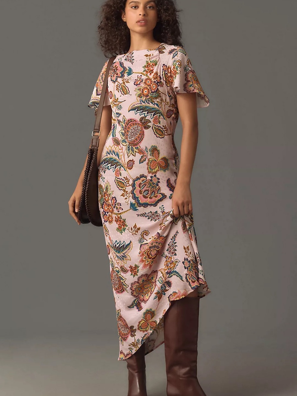 Anthropologie Kachel Flutter-Sleeve Satin Floral Paisley Slip Maxi Dress
